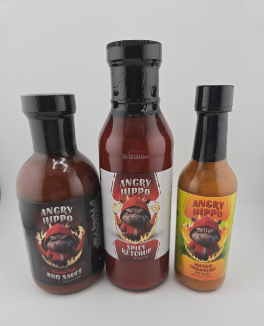 3 Pack - 1 bottle of Gourmet Memphis Style BBQ Sauce, 1 bottle of Gourmet Spicy Ketchup and 1 bottle of Mango Habanero Hot Sauce