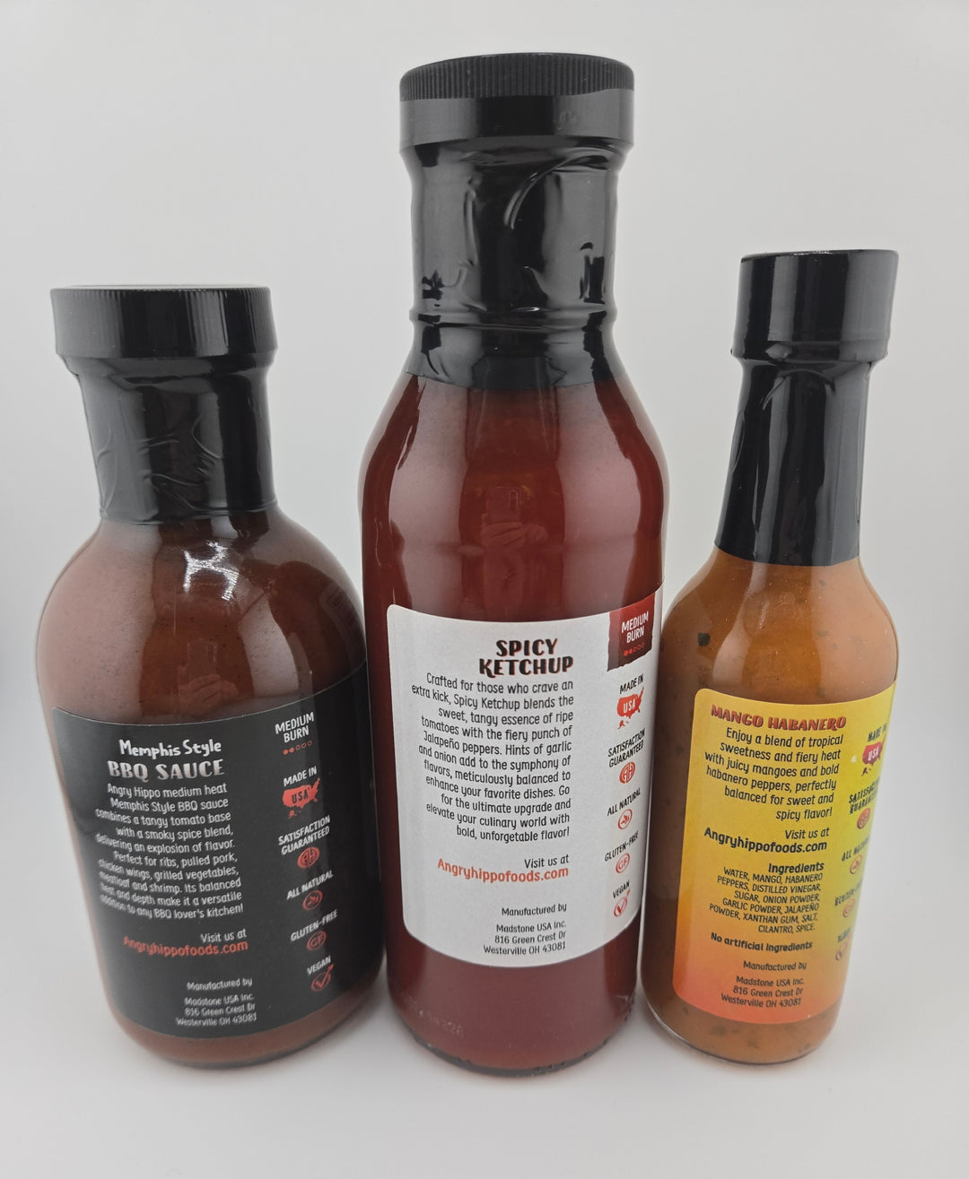 3 Pack - 1 bottle of Gourmet Memphis Style BBQ Sauce, 1 bottle of Gourmet Spicy Ketchup and 1 bottle of Mango Habanero Hot Sauce