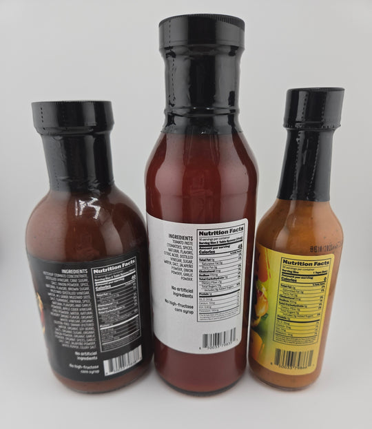 3 Pack - 1 bottle of Gourmet Memphis Style BBQ Sauce, 1 bottle of Gourmet Spicy Ketchup and 1 bottle of Mango Habanero Hot Sauce
